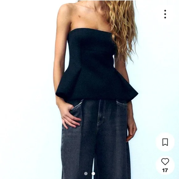 Zara Black Wool Blend Strapless Peplum Top straight neck Pleat detail size L NWT - Picture 6 of 16